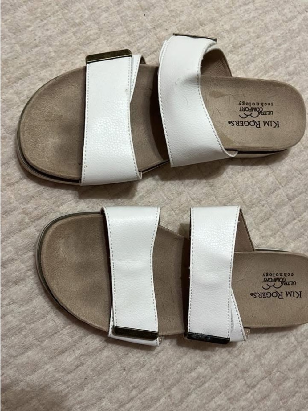 Kim Rogers White Dual-Strap Slide Sandals with Metal Accents
